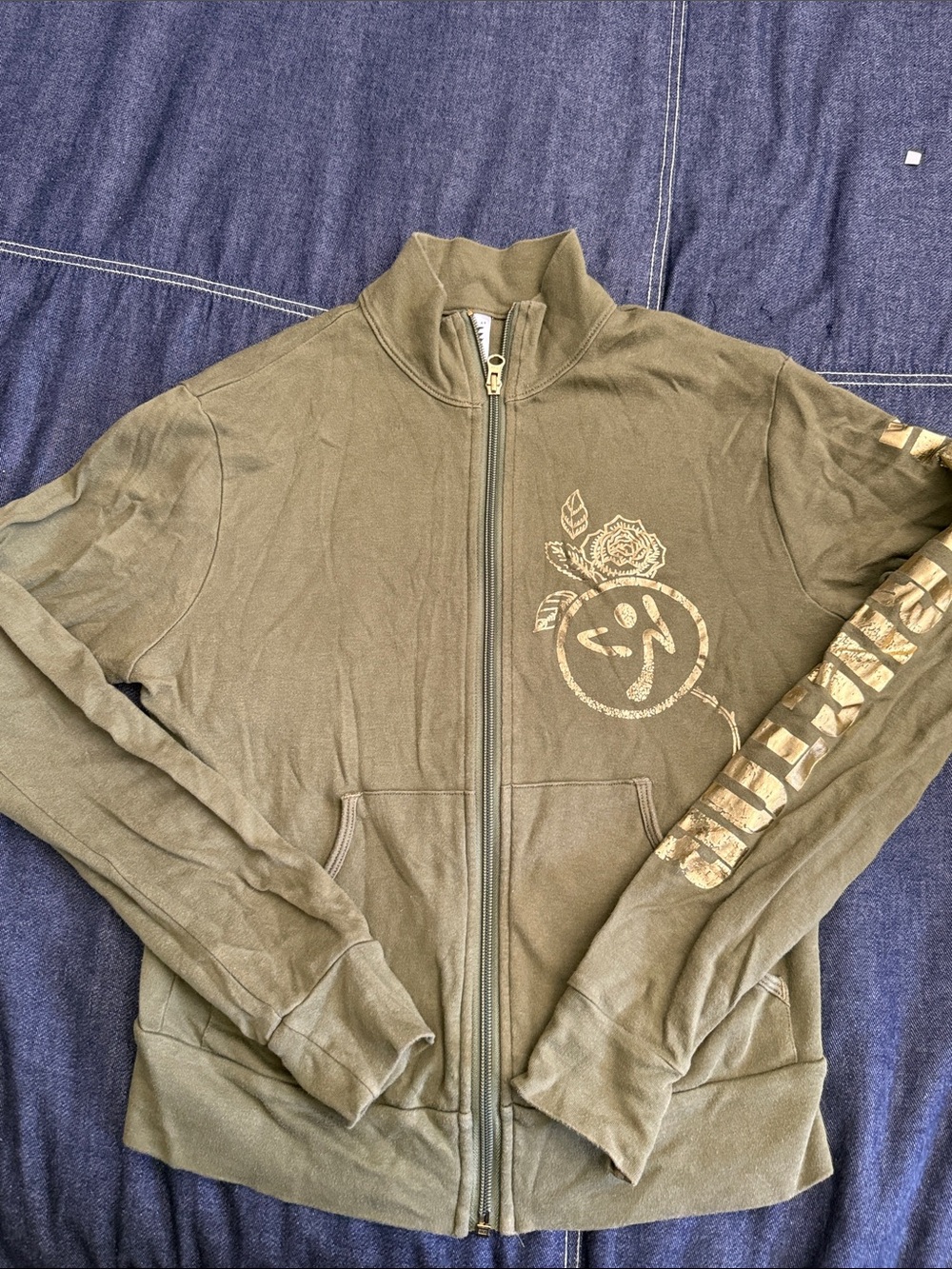 Zumba Fitness Instructors Olive Green Zip-Up Hoodie with Gold Graphic